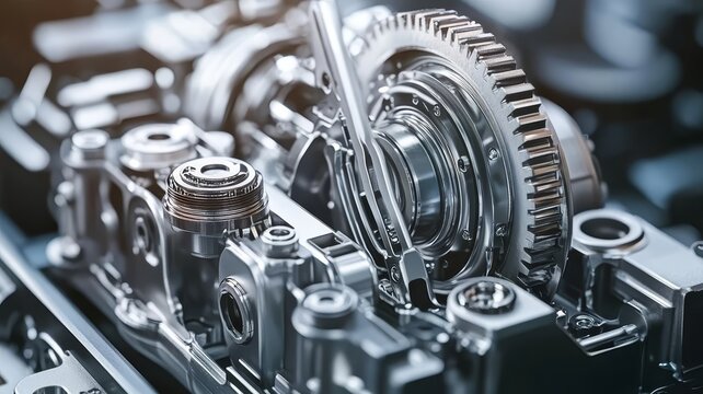 Close up view of automotive transmission gears and precision internal combustion engine mechanical components