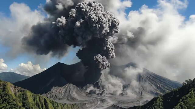 Volcanic eruption spews ash and smoke into the air from a mountain surrounded by lush greenery and clouds.