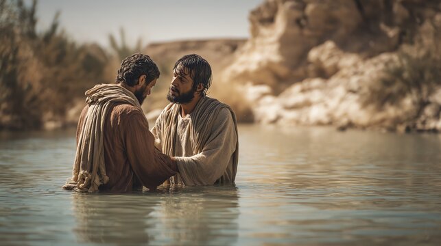 Two men engaged in a sacred water ritual.