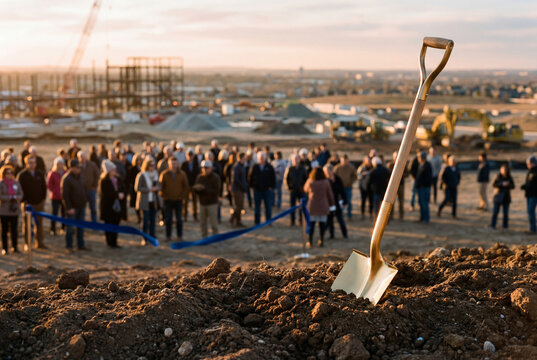 Golden shovel in fresh earth at ground breaking ceremony with crowd