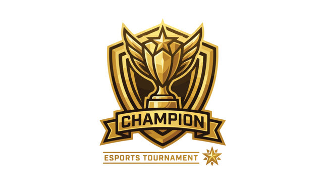 A gold champion sports logo featuring a trophy with leaves on a shield with a banner on a white background