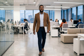 Fototapeta premium Confident african american businessman walking in modern open office