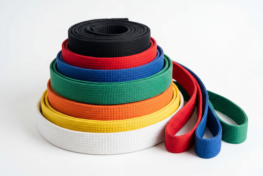 Coiled stack of colorful martial arts belts showing progression from white to black level