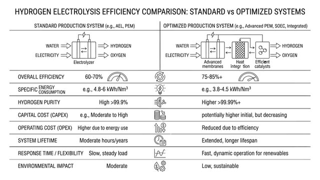 Hydrogen electrolysis efficiency comparison standard vs optimized systems.