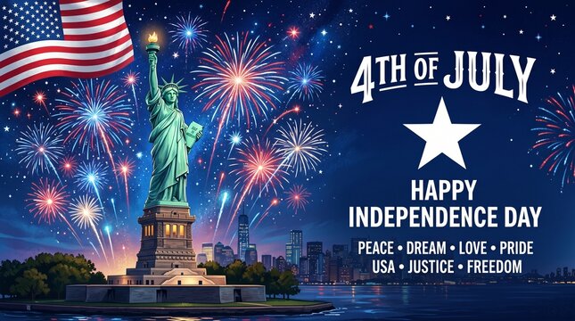 American independence day graphic with statue of liberty and fireworks, american