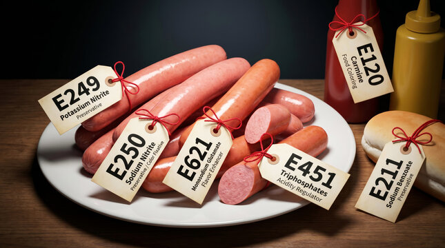 Plate of processed sausages and hot dogs with small cream-colored paper price tags tied with red string attached to each one, each tag showing an additive E-code and its English name and function