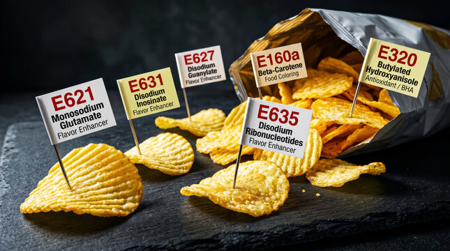 Open bag of ridged potato chips spilling onto a dark slate surface, each chip has a small white flag on a metal pin planted into it displaying an additive E-code and English description