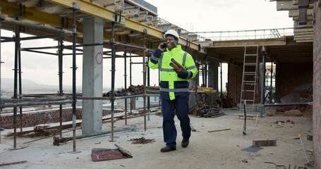 Fototapeta premium Thinking, black man and engineer at site with phone call, inspection and feedback on construction. Smile, person or talking at worksite with mobile, planning and compliance update for building safety
