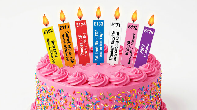 Celebration cake covered in pink buttercream with sprinkles has label signs shaped like birthday candles planted on top, each a different color displaying food additive E-codes
