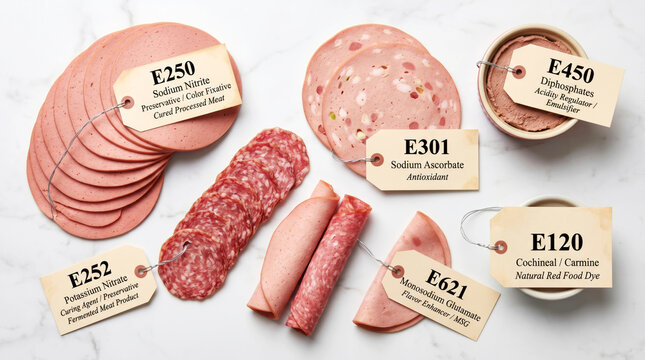 A white marble surface holds processed deli meats &mdash; bologna, salami, mortadella and liver p&acirc;t&eacute; &mdash; with cream-colored scientific specimen tags displaying food additive E-codes