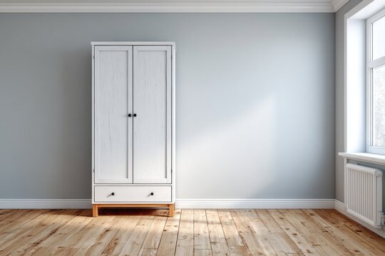 White wooden wardrobe with drawer against a light grey wall.