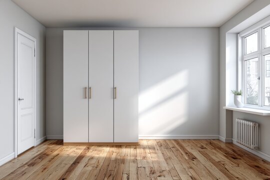 Clean, modern room with a white wardrobe, white door, and wooden floor.