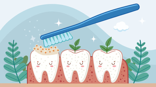Vector illustration of a toothbrush cleaning plaque off teeth with small green plant sprouts holistic dental care and oral hygiene concept toothbrush dentistry cleaning illustration holistic