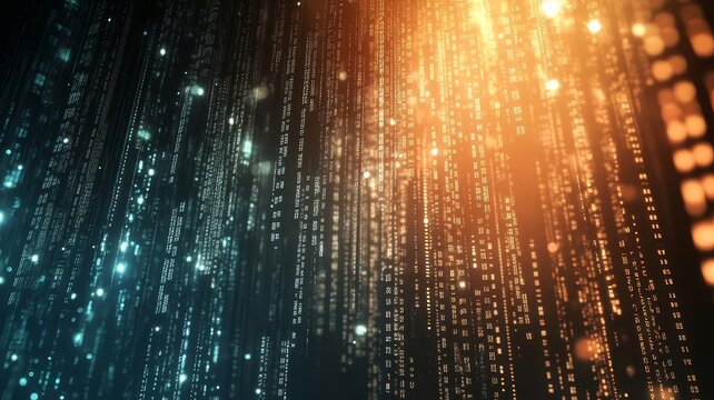 Abstract digital data flow background with glowing binary codes and particles in orange and blue light tones for tech concepts