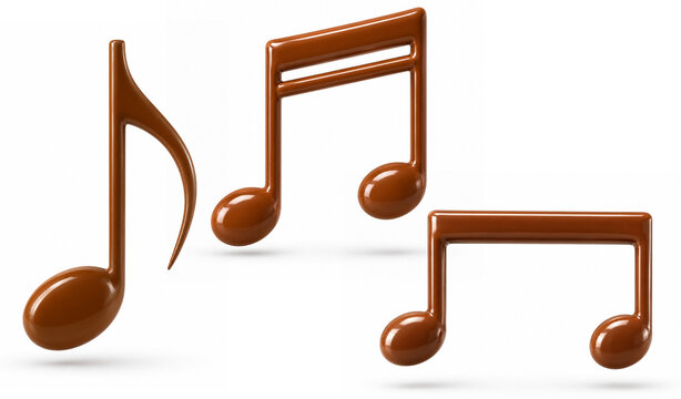Premium 3D collection of glossy milk chocolate musical symbols including treble clef, quarter note and half note, isolated on white background. Perfect for music themes, birthday celebrations, confect