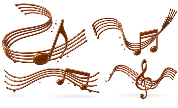 Premium 3D collection of glossy milk chocolate musical symbols including treble clef, quarter note and half note, isolated on white background. Perfect for music themes, birthday celebrations, confect