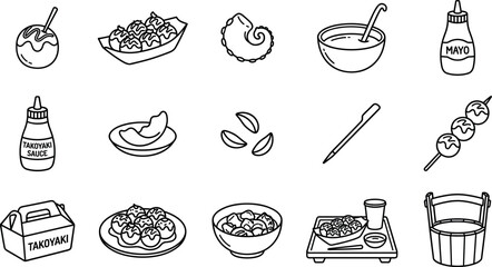 Japanese takoyaki octopus ball line art vector icons for asian street food restaurant menu takeaway packaging design ui. © Ruksana Studio