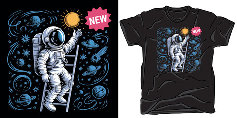Astronaut climbing ladder to sun in space, new design for print shirt poster vector illustration, cosmic artwork with planets. © TShirt Vector Hub
