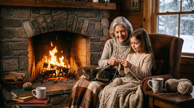 Senior woman and young girl with cat, warm glowing fireplace light, knitting with yarn together, rustic wooden log cabin interior, lifestyle photography