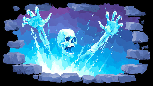 Illustration of blue glowing skeleton hands emerging from stone wall with skeleton, emerging