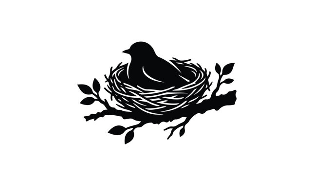 Minimalist bird nest silhouette on tree branch, black and white avian vector illustration, nature wildlife icon for logo design and branding