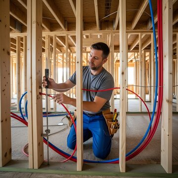 Professional technician installing water pipes inside wooden frame construction of new house build.