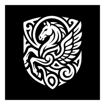 Tribal pegasus shield emblem vector illustration with mythology creature majestic heraldry illustration mystical monochrome strength legendary silhouette decorative ornamental abstract