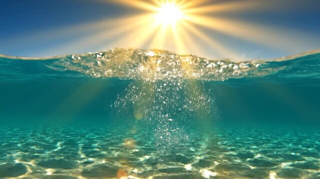 Bright sun rays shine through clear blue ocean water