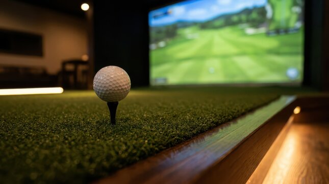 Golf ball on a tee in an indoor golf simulator room