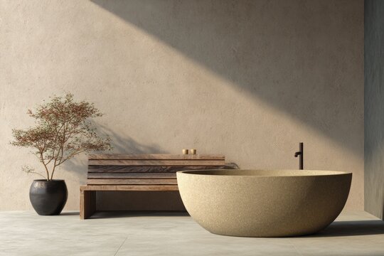Minimalist bathroom features a soaking tub and decorative plant bathed in sunlight.