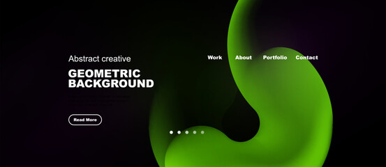 Obraz premium Dark background features vibrant green abstract shapes, text elements, navigation options. Modern design promotes creativity, information access.