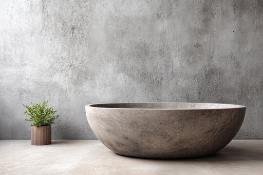 A stone bathtub and plant against a concrete wall.