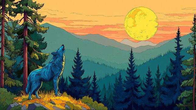 Lone wolf howling at full moon over pine forest landscape with wildlife mountain landscape