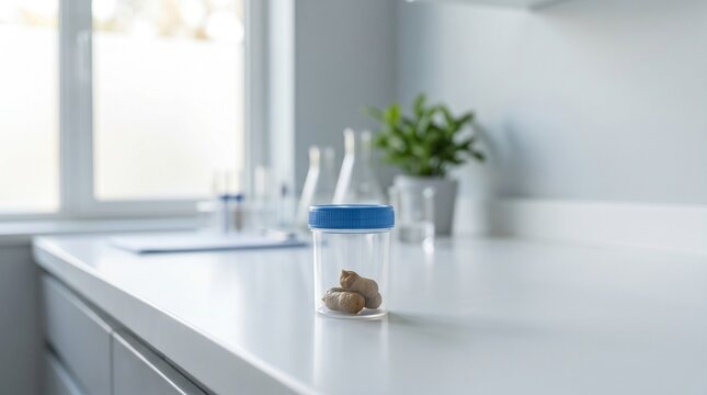 Human Stool Sample for Medical Examination in Blue Cap Plastic Jar