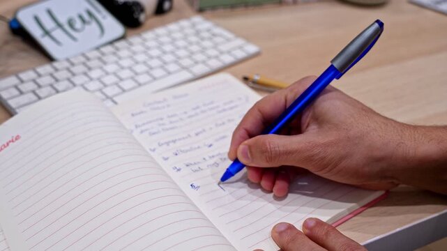 a person's hand using a blue pen to write notes in a lined journal. The notebook rests on a wooden desk next to a white computer keyboard and office accessories in a modern workspace.