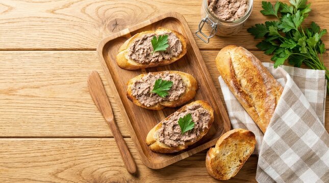 Toasted baguette slices with pt and parsley