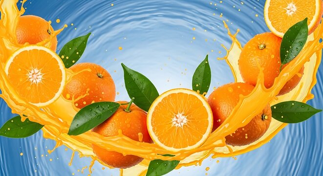 Oranges splashing in water with green leaves