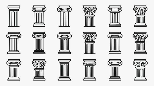 Clean Black and White Line Art Collection of Various Classical Architectural Columns and Capitals