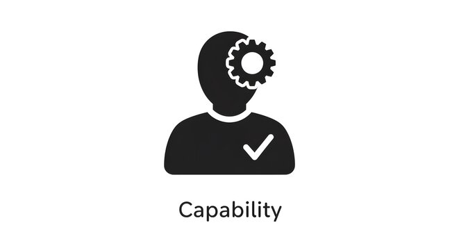 A dark silhouette icon of a person with a gear in the head and a checkmark for capability