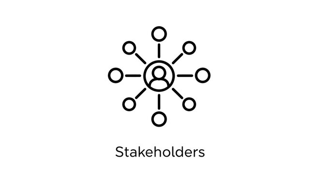 An outline icon representing a central person connected to multiple surrounding individuals in a network structure