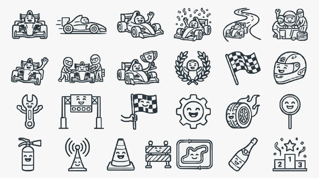 Modern Black and White Line Set of Racing and Pit Crew Icons Vehicles Tools and Celebration Symbols