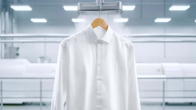 Crisp white shirt hanging on wooden hanger in bright modern laundry or fashion studio with soft focus background and clean minimal design