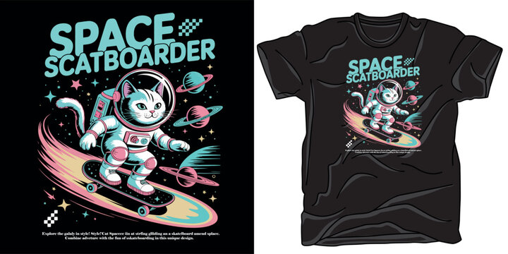 Cute white cat astronaut skateboarding through outer space with colorful planets and typography for trendy t-shirt apparel illustration.