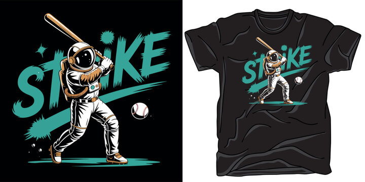 Dynamic astronaut baseball player hitting ball with wooden bat featuring strike text typography and teal brush stroke for apparel print.