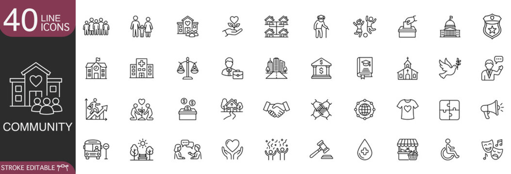 Community and society line icon vector set featuring neighborhood, public services, social welfare, and unity concepts with editable stroke.