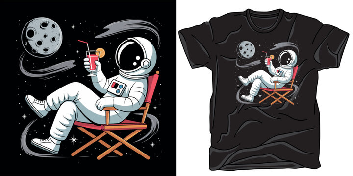 Astronaut relaxing in outer space on a chair with drink, moon and stars in background, vector illustration.