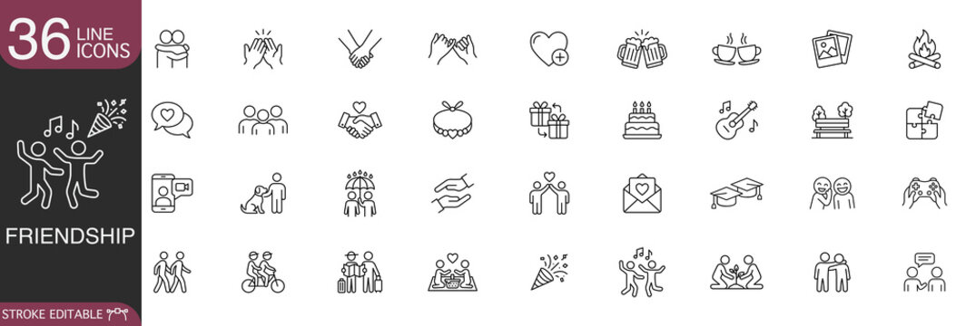 Friendship and relationship line icon vector set featuring human bonding, social connection, love, and friend activities concepts with editable stroke.