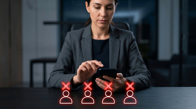 Business HR using smartphone with glowing red rejected candidate icons. HR, recruitment, layoff, and unemployment