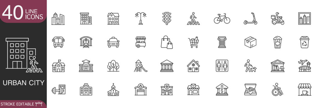 Urban city line icon vector set featuring architecture buildings, public transportation, infrastructure, and town lifestyle elements with editable stroke.