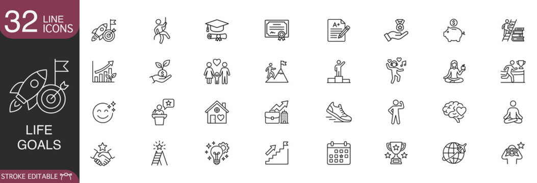 Life goals and personal development success line icon vector set, featuring concepts of career achievement, education, financial growth, healthy lifestyle, and future planning with editable stroke.